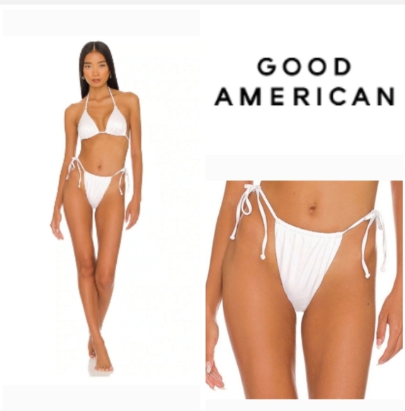 Good American Foiled Tiny Ties Bikini Bottom in Metallic White. Size 7 - Picture 1 of 13